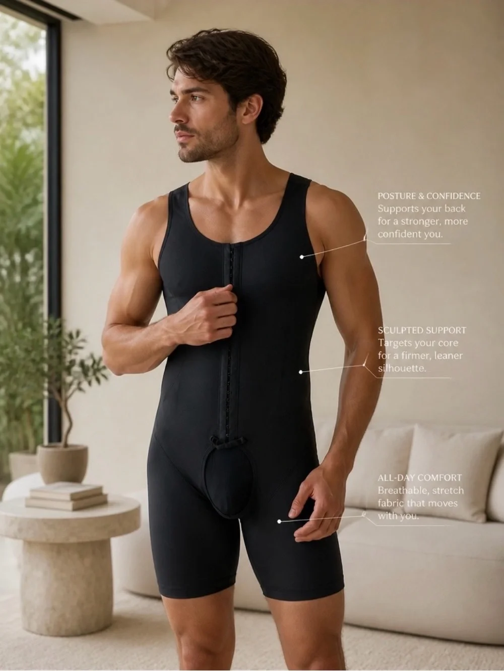Men's Black Compression Body Shaper with Front Zipper